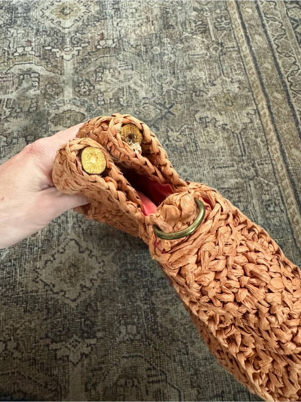 FREE PEOPLE Woven Orange Straw Clutch Bag Bamboo Handles - Picture 4 of 8